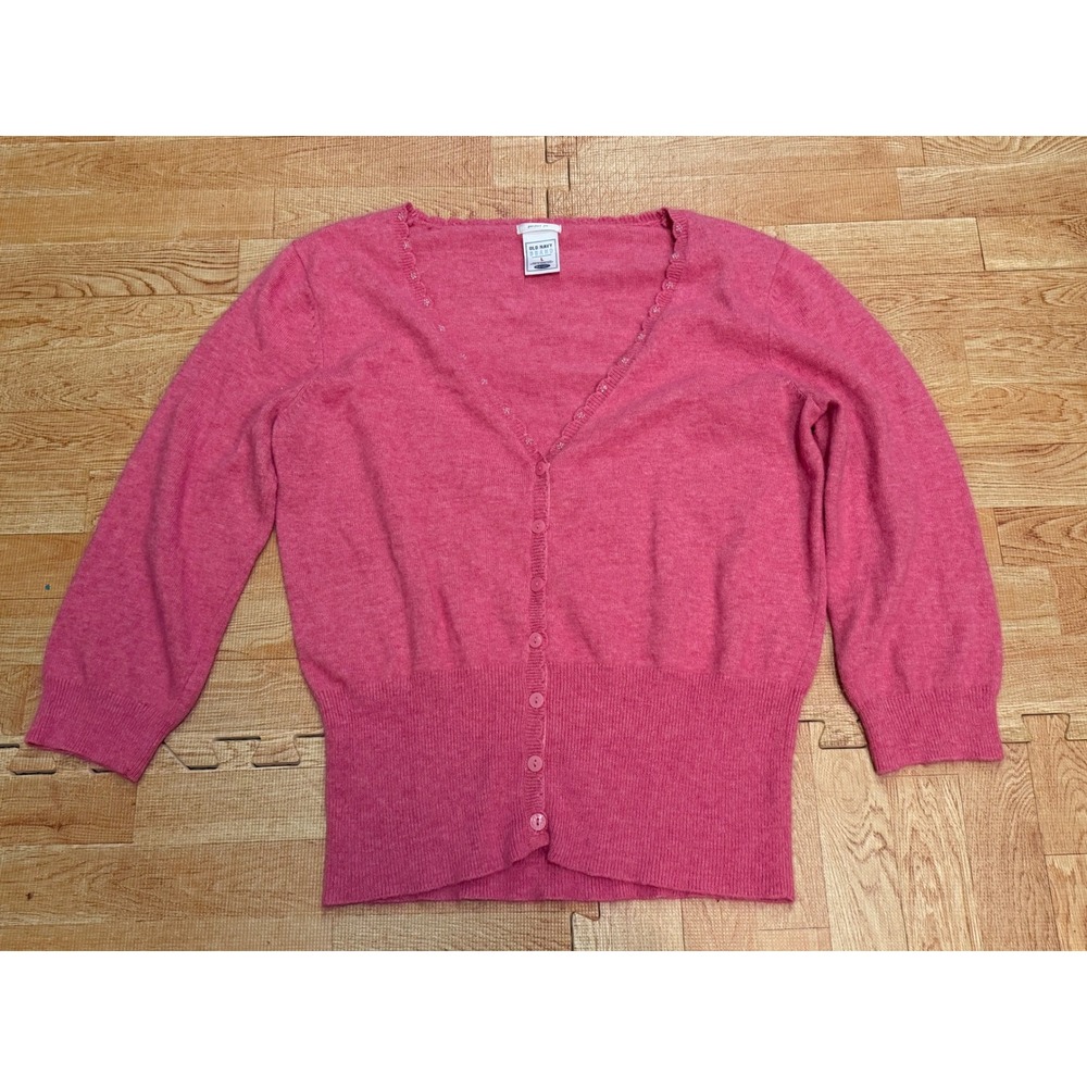 Old Navy Pink Angora Blend V-Neck Cardigan Sweater Y2K Preppy Beaded Trim Large